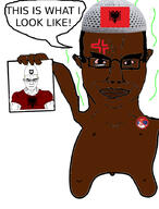 albania brown_skin clothes country countrywar flag flag:albania flag:serbia hand hat red_shirt reichsadler serbia smile smug speech_bubble subvariant:chudjak_front subvariant:muscular_chud variant:chudjak // 680x897 // 285.4KB