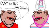 3soyjaks amerimutt black_sclera brown_skin ear holding_flag holding_object lipstick mcdonalds open_mouth subvariant:impish_amerimutt subvariant:soylita tranny trans_rights transgender_flag variant:gapejak variant:impish_soyak_ears // 1676x974 // 119.1KB