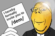 dem bowtie dem glasses gold gold_(user) golden holding_object invitation president sign smile stubble subvariant:wholesome_soyjak tuxedo variant:gapejak // 1200x800 // 110.6KB
