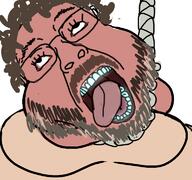 beard boogie2988 brown_beard brown_hair brown_mustache brown_skin clothes fat glasses hanging mustache open_mouth rope soyjak variant:bernd // 768x719 // 197.4KB