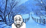 antialiased bridge building closed_eyes crying hair irl irl_background mountain open_mouth outside pine_tree plant snow soyjak stubble tree variant:rupturejak water // 1393x838 // 347.5KB