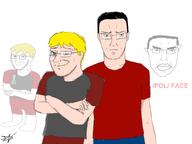 2soyjaks art chud closed_mouth dark_eyes dark_hair glasses nate nate_higgers red_shirt smirk stubble variant:chudjak variant:nate white_background white_skin yellow_hair // 2880x2160 // 1.2MB