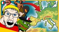 amphibian arnold_schwarzenegger blue_eyes blush conquistador europe european flag flag:austria flag:france flag:germany flag:italy flag:spain frog living_ironically_in_europe map morion mustache nas:pepe pepe_the_frog pizza red_arrow smoking thumbnail variant:feraljak wine yellow_hair youtube // 1080x591 // 310.6KB