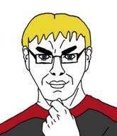 artist:nathaniel_higson closed_mouth ear fist glasses hair imageboard medal meta:delete nate red_shirt sharty smile soyjak_party soyteen steve_jobs subvariant:steve_chuds thick_eyebrows thinking uniform variant:chudjak yellow_hair // 1716x2000 // 149.5KB