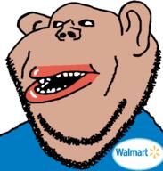amerimutt blue_shirt brown_skin clothes ear open_mouth soyjak stubble subvariant:impish_amerimutt tag variant:impish_soyak_ears walmart // 598x629 // 22.1KB