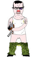 ak-47 arm balding bruise camouflage chinese_text clothes cyrillic_text emr_pattern gun hand leg penis pink_skin piss pskov red_nose russia small_penis sweating tattoo variant:chudjak vatnik weapon z_(russian_symbol) // 1098x1798 // 250.7KB