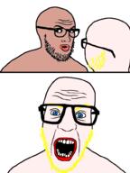 2soyjaks amerimutt black_eyes blue_eyes brown_skin glasses open_mouth soyjak stubble variant:nerdjak white_skin yellow_hair // 739x987 // 25.4KB