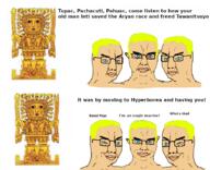 3soyjaks blue_eyes chad chudjak_brothers closed_mouth comic father glasses hair hyperborea inca multiple_soyjaks smile soyjak subvariant:chudjak_front text variant:chudjak white_skin yellow_hair // 906x735 // 469.7KB