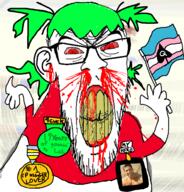 4chan 4cuck angry anime arm badge billy_herrington blood bloodshot_eyes clenched_teeth clothes cracked_teeth flag glasses green_hair hair holding_flag holding_object loli map_(pedophile) motion_blur nosebleed oldfag pedophile queen_of_spades slopjak stubble subvariant:feralrage text transgender_flag variant:feraljak vein yellow_teeth yotsoyba // 895x934 // 450.7KB