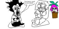 2soyjaks closed_mouth costume doctor fangs glasses hair oekaki open_mouth plant purple_hair schizo sharp_teeth sitting soyjak speech_bubble stubble subvariant:dr_soystein subvariant:schizojak text tranny variant:markiplier_soyjak white_hair // 500x250 // 31.9KB
