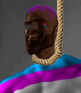 ack bloodshot_eyes brown_skin brown_troonjak crying flag:transgender_pride_flag nas:gigachad purple_hair rope tranny // 612x701 // 281.7KB