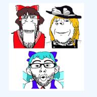 3soyjaks anime blue_hair bowtie brown_hair cirno closed_mouth clothes ear glasses grin hair hair_ribbon hakurei_reimu hat kirisame_marisa open_mouth smile smug soyjak stubble touhou variant:gapejak variant:markiplier_soyjak variant:nojak video_game yellow_hair // 2400x2400 // 1.1MB