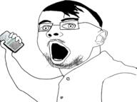 arm clothes coronavirus_pandemic ear glasses hair hand holding_object holding_phone open_mouth phone qr_code soyjak stubble vaccine variant:coronajak // 1200x900 // 277.0KB