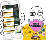 arm bug clothes coronavirus_pandemic eat_the_bugs glasses hand holding_object holding_phone iphone mouth_eyes mouth_mask phone soyjak stubble subvariant:phoneplier subvariant:phoneplier_vertical vaccine variant:markiplier_soyjak // 796x685 // 470.1KB