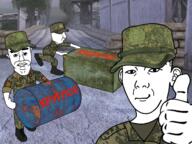 3soyjaks arm barrel belt boo box camouflage closed_mouth clothes cyrillic_text ear emr_pattern flag frown full_body hand hat holding_object military multiple_soyjaks russia sad side_profile smile smirk soyjak stalker subvariant:chudjak_front text thumbs_up uniform variant:chudjak variant:kuzjak // 1321x992 // 1.6MB