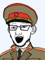 clothes collar_tabs communism ear glasses hair hammer_and_sickle hat kgb necktie open_mouth soyjak stubble uniform variant:carterjak variant:kuzjak // 810x1080 // 175.6KB