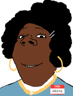 black_skin black_woman blue_shirt bun earrings ebonyrealwoman_(user) gold gold_chain hello_my_name_is_(sticker) joke meta:namefags meta:self_insert smile subvariant:gapejak_female variant:gapejak woman // 700x928 // 59.6KB