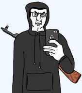 ak-47 andrew_blaze assault_rifle chud glasses gun holding_phone hoodie ias iphone phone randy_stair rifle rifle_on_back satire soyjak stairjak thrembo thremobos traced variant:chudjak // 853x969 // 28.9KB
