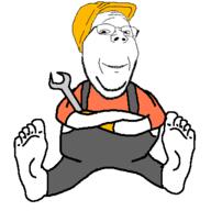 codefag crossed_arms engineer foot hard_hat overalls sitting smile subvariant:wholesome_soyjak variant:gapejak wrench // 400x400 // 17.8KB