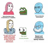 blue_skin calarts catholic catholicism christianity closed_mouth concerned frog frown glasses grin pepe political_compass smile soyjak stubble text trad_wife variant:soyak // 1241x1121 // 95.5KB