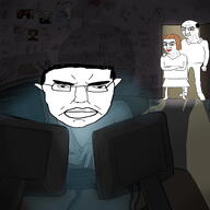 3soyjaks arm brown_hair clothes computer drawn_background ear full_body glasses hair hand leg old soyjak subvariant:pol_face typing variant:chudjak wrinkles // 1280x1280 // 440.3KB