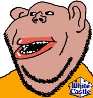 amerimutt brown_skin clothes ear hair lips mutt open_mouth orange_shirt soyjak stubble subvariant:impish_amerimutt teeth variant:impish_soyak_ears white_castle // 585x615 // 93.9KB