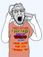 angry arm clothes glasses hand holding_object open_mouth soyjak stubble text tshirt variant:tewi vein // 447x592 // 50.7KB