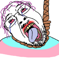 animated bloodshot_eyes crying glasses hair hanging mustache open_mouth purple_hair rope soyjak spinning stubble suicide tranny variant:bernd // 768x719 // 318.5KB