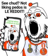 2soyjaks alien antenna arrow award badge bald broken clothes ear finger fingernail glasses greentext hand holding_object holding_phone map_(pedophile) nft open_mouth orange_eyes orange_sclera painted_nails pedophile phone pointing rape reddit reddit_moment redditard snoo soybooru soyjak soyjak_party stubble t-shirt text trend:slopjak tshirt variant:gapejak white_background white_skin // 1400x1630 // 525.3KB