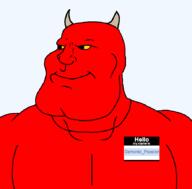 banned_user buff cleft_chin closed_mouth clothes demon demon_horns demonic_passion_(user) hello_my_name_is_(sticker) horn looking_to_the_left namefag_drama red_shirt red_skin smile subvariant:mexiaryan transparent_background variant:meximutt yellow_sclera // 886x872 // 40.8KB