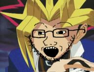 animated anime arm card duel full_body glasses hand holding_object leg muto_yugi open_mouth soyjak stubble variant:soyak white_skin yugioh // 480x369 // 1.5MB