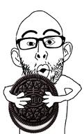 arm cookie full_body glasses holding_object open_mouth oreo soyjak stubble variant:nojak // 669x1061 // 349.2KB