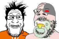 are_you_soying_what_im_soying baby babybot babyjak beard caca eyebrows glasses nose orange orange_shirt pacifier red_eye robot variant:gapejak variant:markiplier_soyjak webdriver_torso // 1200x800 // 569.3KB