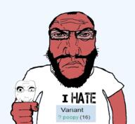 arm beard closed_mouth clothes glasses i_hate punisher_face red_skin subvariant:science_lover text tshirt variant:markiplier_soyjak variant:poopson // 1017x935 // 349.4KB