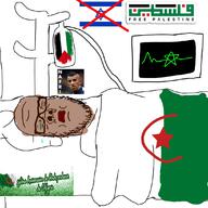 algeria beard bed blanket brown_skin closed_eyes closed_mouth country crying dead flag glasses hospital intravenous_drip islam israel mustache nafri north_africa palestine soyjak stubble text variant:a24_slowburn_soyjak // 1100x1100 // 368.4KB