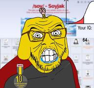 angry animal badge bald brain brainlet catalog clenched_teeth clothes dog dog_ear drool ear glasses iq janny looking_at_you medal nate newfag open_mouth retard saliva small_brain soot_colors soy soyjak soyjak_party stubble text tshirt variant:feraljak wrinkles yellow_skin // 1024x960 // 478.9KB