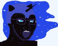 animal_ears black_skin blue_eyes blue_sclera eyeshadow glasses helmet horn makeup my_little_pony nightmare_moon open_mouth soyjak stubble transparent_background variant:soyak // 1000x800 // 78.7KB