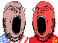 2soyjaks china country flag flag:china glasses open_mouth red_skin soyjak star_(symbol) stubble united_states variant:gapejak // 1200x900 // 52.2KB
