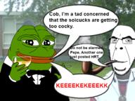 clothes frog glasses grin irl irl_background looking_at_you pepe pipe smoke smoking smug soyjak stubble suit text toast variant:cobson // 651x489 // 331.7KB