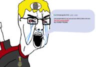 arm badge bloodshot_eyes clothes crying glasses hair hand lolkek nate open_mouth pointing rent_free soyjak soyjak_party speech_bubble text tshirt variant:chudjak yellow_hair // 1000x700 // 147.8KB