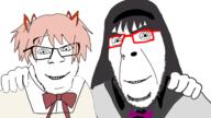 2soyjaks akemi_homura anime female friendship glass glasses hugging kaname_madoka madoka_magica no_more_brother_wars pink_hair red_glasses ribbon soyjak tiara twintails variant:cobson variant:feraljak // 1920x1080 // 443.9KB