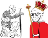 3soyjaks arm closed_eyes closed_mouth clothes crown full_body glasses hand hat history holding_object holding_sword king kneel knight leg objectsoy open_mouth smile smug soyjak stretched_mouth stubble sword variant:a24_slowburn_soyjak variant:soyak weapon // 875x700 // 394.6KB