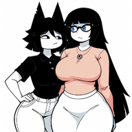 blue_eyes breasts cat_ear confused fundamental_paper_education glasses looking_at_each_other meta:ai_generated meta:not_oc miss_circle shirts variant:soytan woman // 1024x1024 // 610.8KB