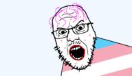 acne angry flag:transgender_pride_flag glasses lipstick mustache open_mouth purple_hair soyjak stubble tranny variant:yurjak // 768x442 // 21.9KB