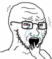 bloodshot_eyes crying glasses hand meta:low_resolution mucus open_mouth scared shaking sick soyjak stubble variant:soyak // 221x250 // 27.0KB