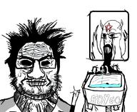 2soyjaks bathroom demon facial_mark forehead_mark glasses hair hairy horn horror mark_of_the_beast mirror open_mouth pentagram pentagram_forehead_mark scalpel soyjak star stubble sweating variant:markiplier_soyjak variant:soyak vein water wing // 1066x874 // 327.4KB