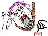animated arm bloodshot_eyes button clothes excited glasses hair hand hands_up hanging mustache open_mouth purple_hair rope soyjak stubble suicide text tongue tranny variant:bernd // 417x317 // 34.2KB