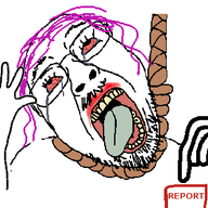 animated arm bloodshot_eyes button clothes excited glasses hair hand hands_up hanging mustache open_mouth purple_hair rope soyjak stubble suicide text tongue tranny variant:bernd // 417x317 // 34.2KB