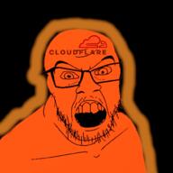 angry cloudflare glasses glowie logo open_mouth orange orange_skin soyjak stubble text variant:feraljak // 1000x1000 // 547.6KB
