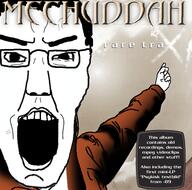 album_cover angry arm clothes glasses hair looking_at_you meshuggah_(band) metal_(music) music open_mouth pointing soyjak teeth text variant:chudjak variant:traxjak // 600x593 // 225.6KB